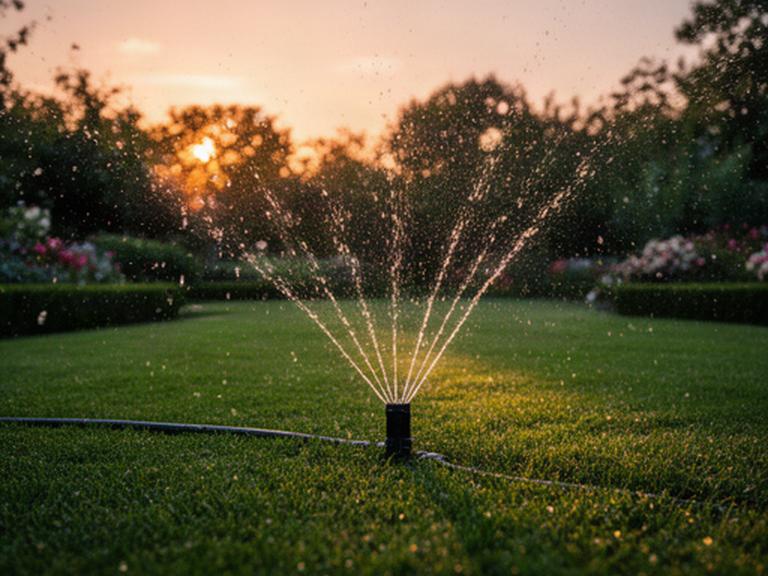 Irrigatore a scomparsa in funzione su un prato al tramonto, con gocce d'acqua illuminate