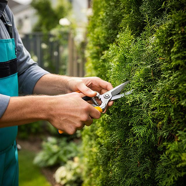 Potatura manuale di una siepe sempreverde in un giardino residenziale luminoso