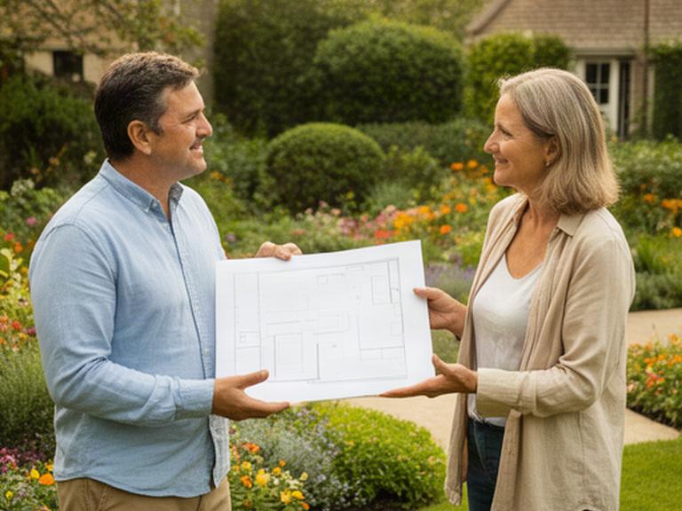 Professionista che presenta una planimetria del giardino a una cliente vicino a un'area verde
