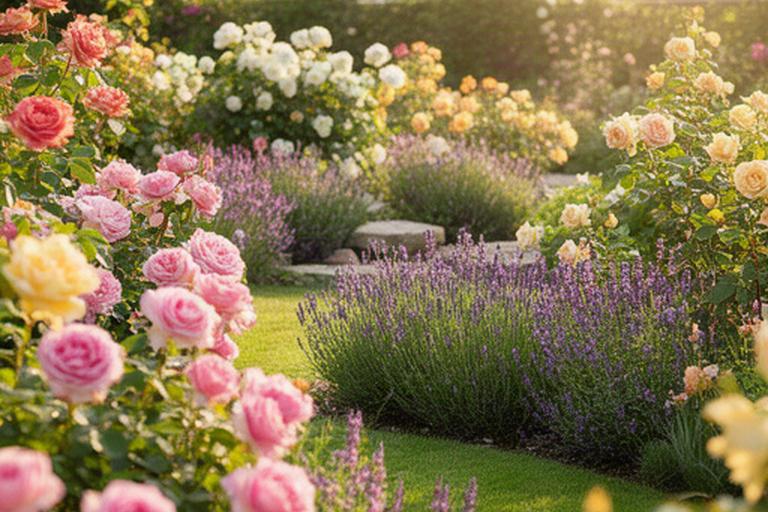 Giardino fiorito con rose, lavanda e prato curato durante una giornata luminosa
