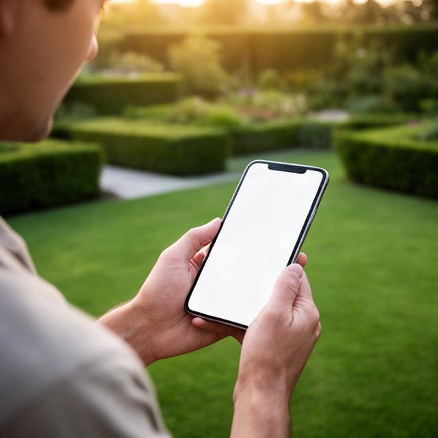 Persona che invia una richiesta di privacy dal telefono mentre osserva un prato curato