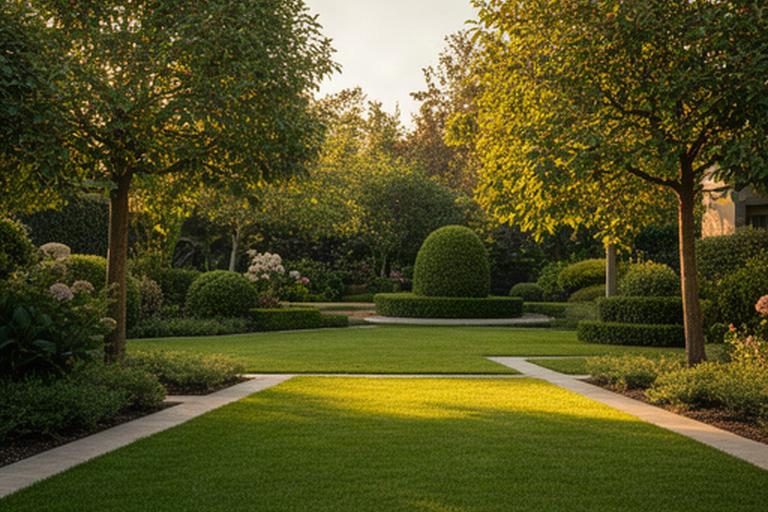 Prato residenziale appena curato con bordure definite e alberi ornamentali in luce naturale