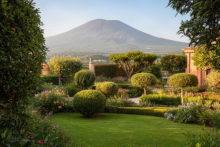 Giardino mediterraneo ben mantenuto alle pendici del Vesuvio, con prato e vegetazione ornamentale