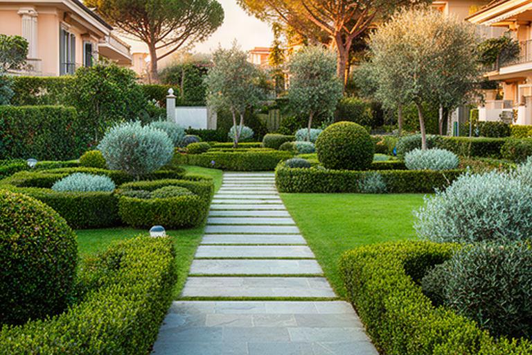 Giardino curato con siepi potate e vialetto ordinato in una proprietà di Ottaviano