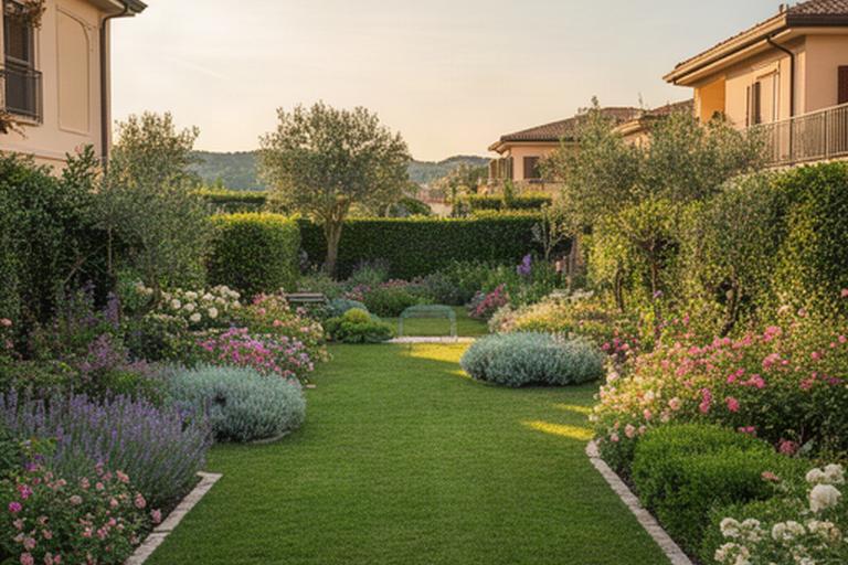 Giardino residenziale curato a Ottaviano con prato, aiuole fiorite e siepi ordinate