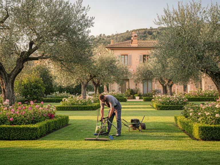 Giardiniere al lavoro su un prato curato in una villa di Ottaviano, con aiuole ordinate e alberi mediterranei