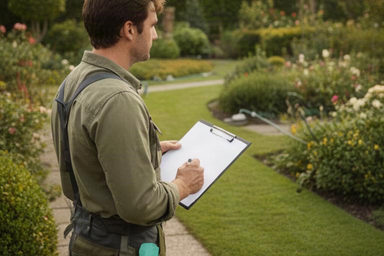 Tecnico che annota le esigenze di un giardino privato durante una valutazione all'aperto