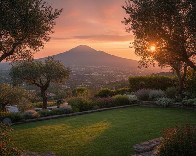 Giardino curato al tramonto sulle pendici del Vesuvio, con prato e alberi ornamentali a Ottaviano