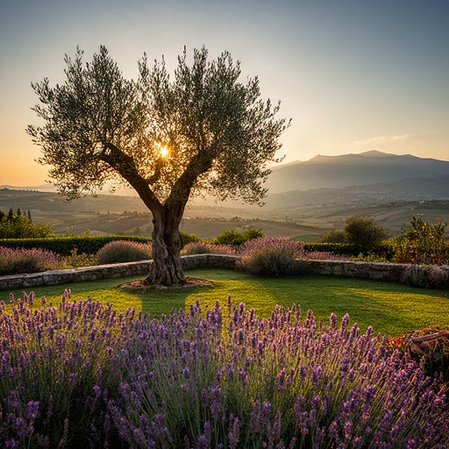 Aiuola mediterranea curata al tramonto con ulivo, lavanda e prato nel territorio di Ottaviano