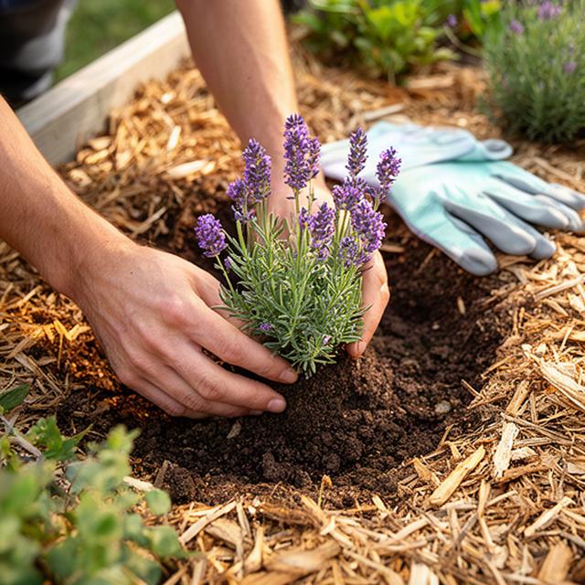 Mani di giardiniere che piantano una giovane lavanda in un'aiuola sostenibile con pacciamatura naturale