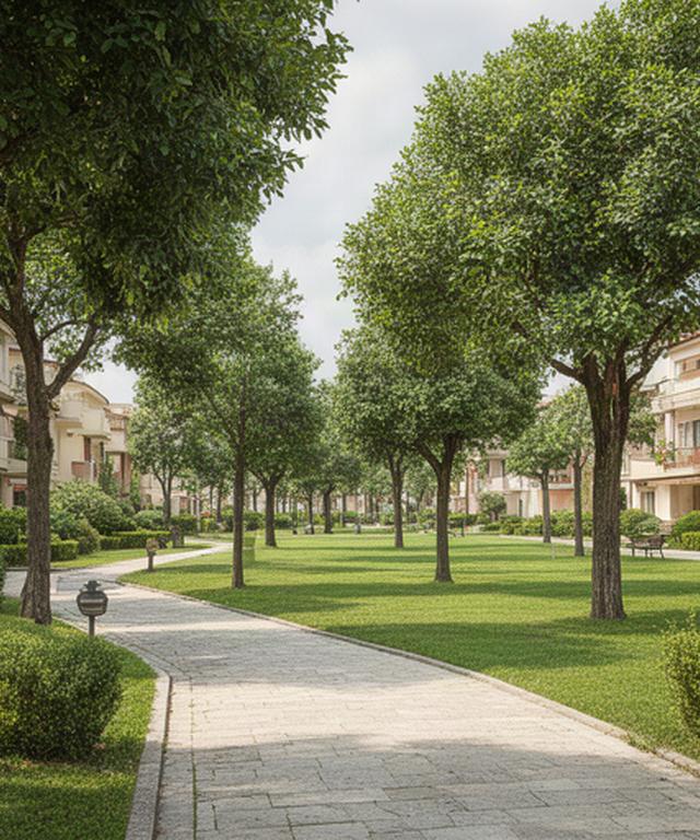 Parco condominiale a Somma Vesuviana con vialetti puliti, prato uniforme e alberi ornamentali