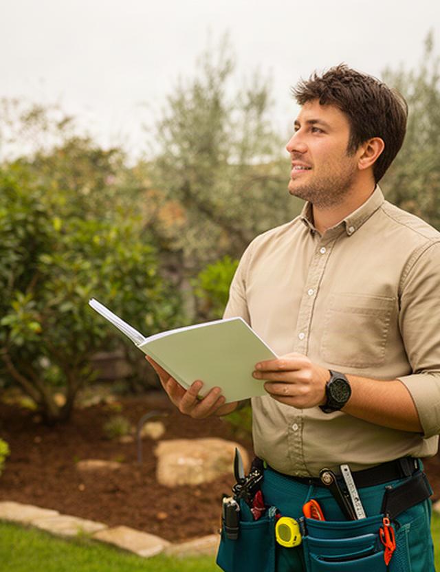 Giardiniere con taccuino che prende appunti durante un sopralluogo in un giardino di Ottaviano