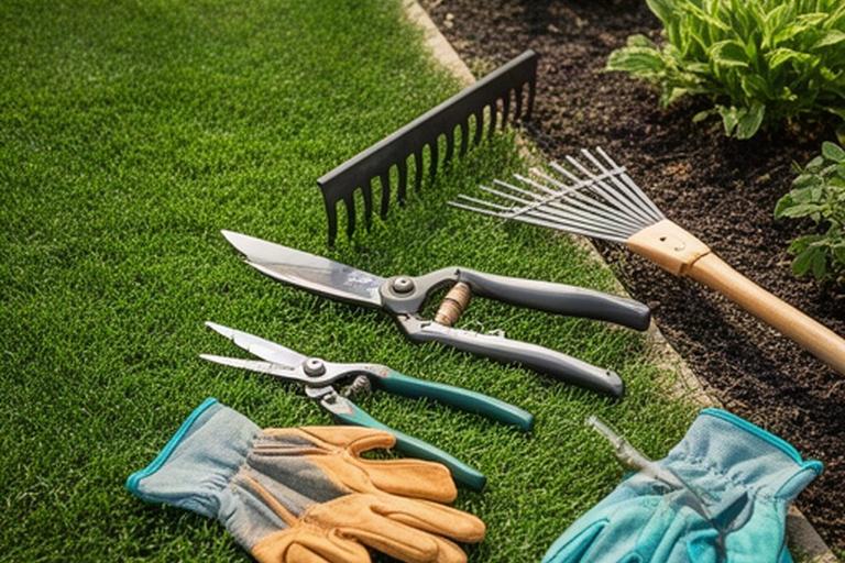 Attrezzi professionali per la manutenzione del prato disposti accanto a un'area verde residenziale