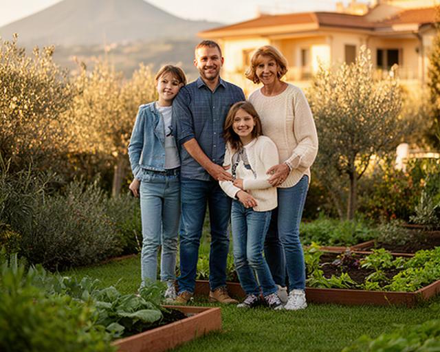 Famiglia in un giardino residenziale curato a Ottaviano, accanto a prato e aiuole appena sistemati