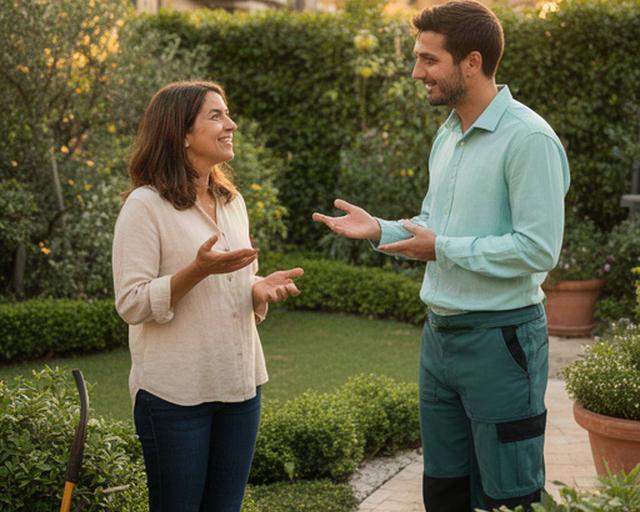 Conversazione informativa tra cliente e professionista in un giardino residenziale di Ottaviano